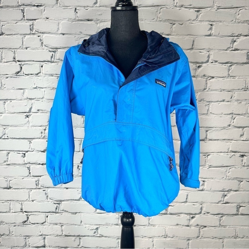 Vintage Patagonia 90s Kids Windbreaker Hooded Rain Jacket Blue Large Anorak